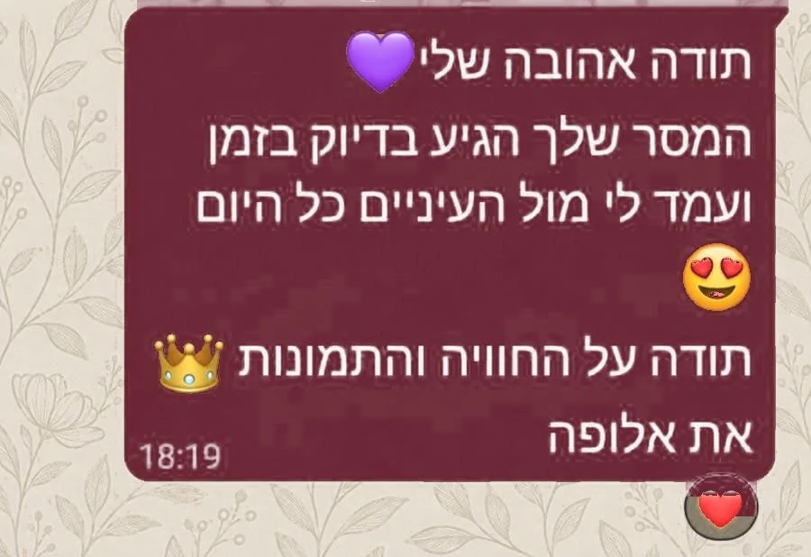 הודעה מלקוחה: תודה אהובה שלי. המסר שלך הגיע בדיוק בזמן ועמד לי מול העיניים כל היום. תודה על החוויה והתמונות, את אלופה.